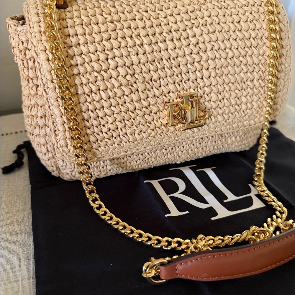 Ralph Lauren Natural Straw Shoulder Bag with Gold Chain - Picture 3 of 14